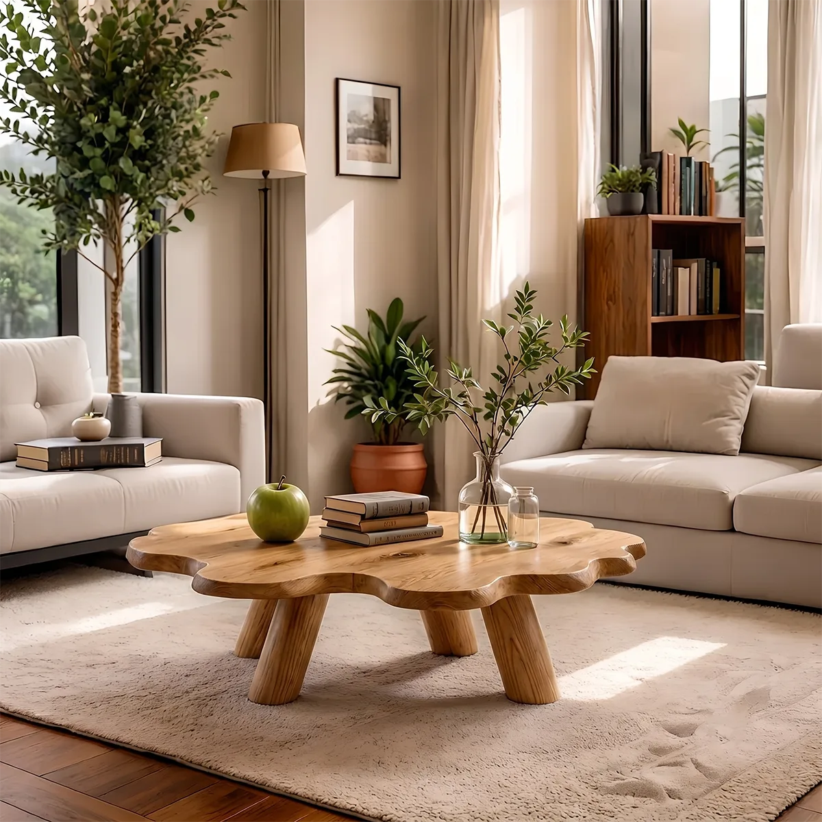 Round Solid Wood Coffee Table – Organic Flower Shape Design TH003-2700
