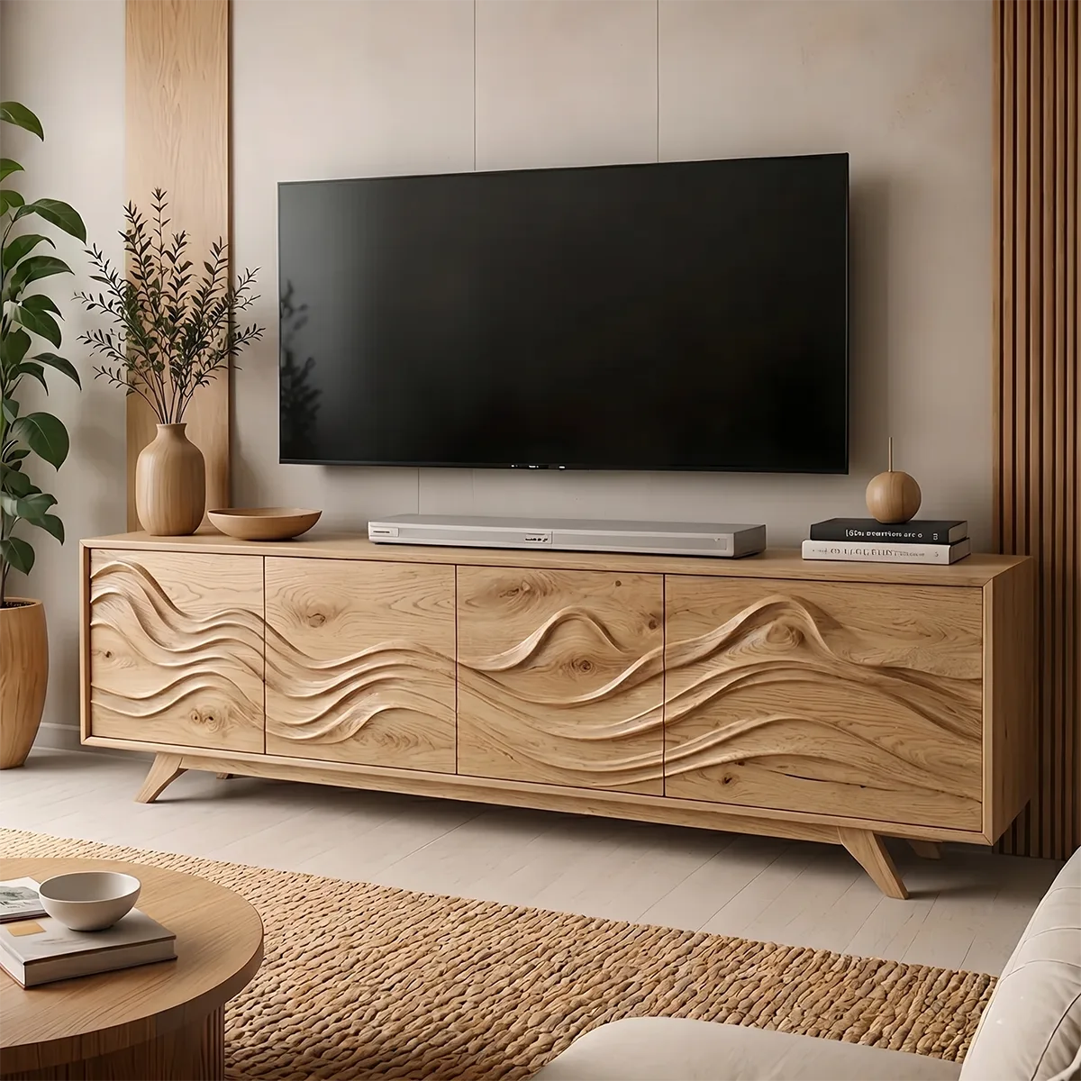 Mid-Century Modern Solid Wood TV Stand with Cabinet and Open Shelving