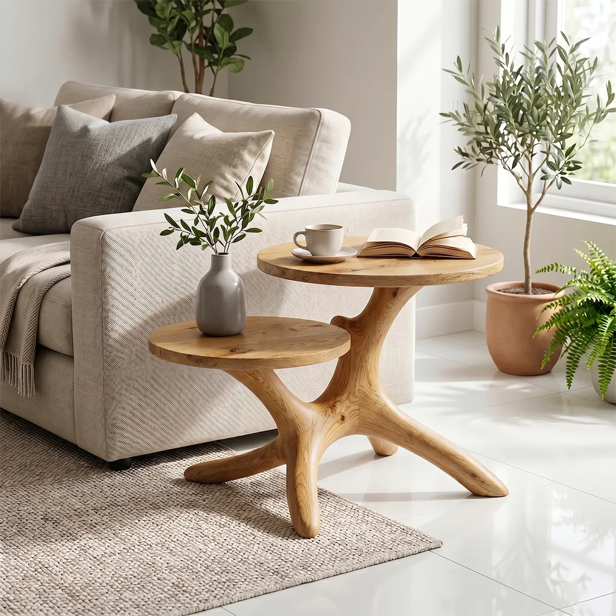 Handcrafted Solid Wood 2-Tier End Table – Sculptural Organic Side Table for Living Room TH003-8682