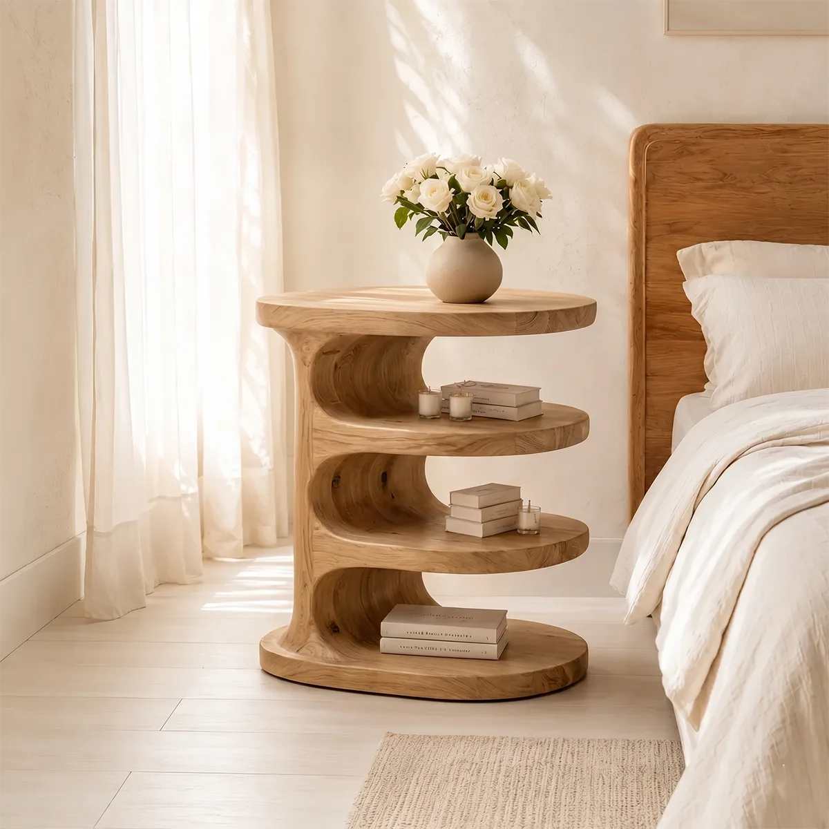 Handcrafted Solid Wood Round Nightstand Organic Open Shelf Bedside Table