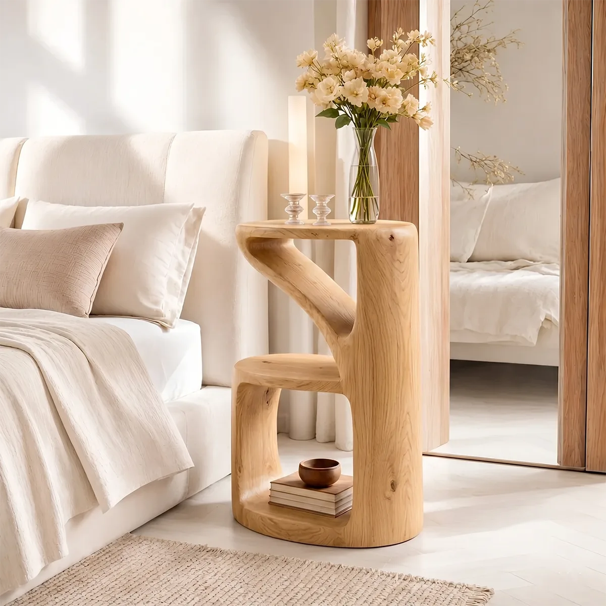 Handcrafted Solid Wood Side Table Sculptural Open Shelf Accent Table