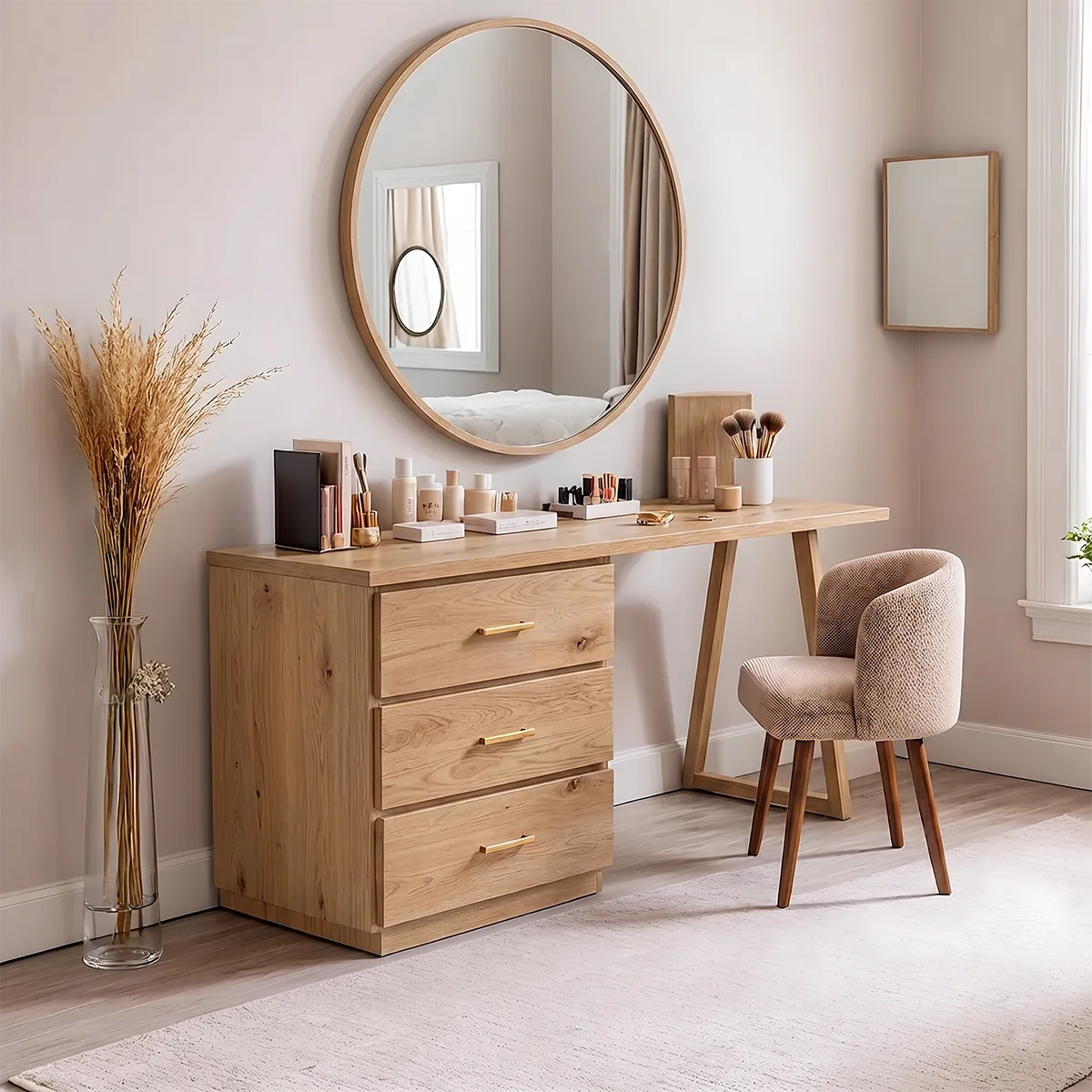 Modern Solid Wood Vanity Desk with Drawer Storage