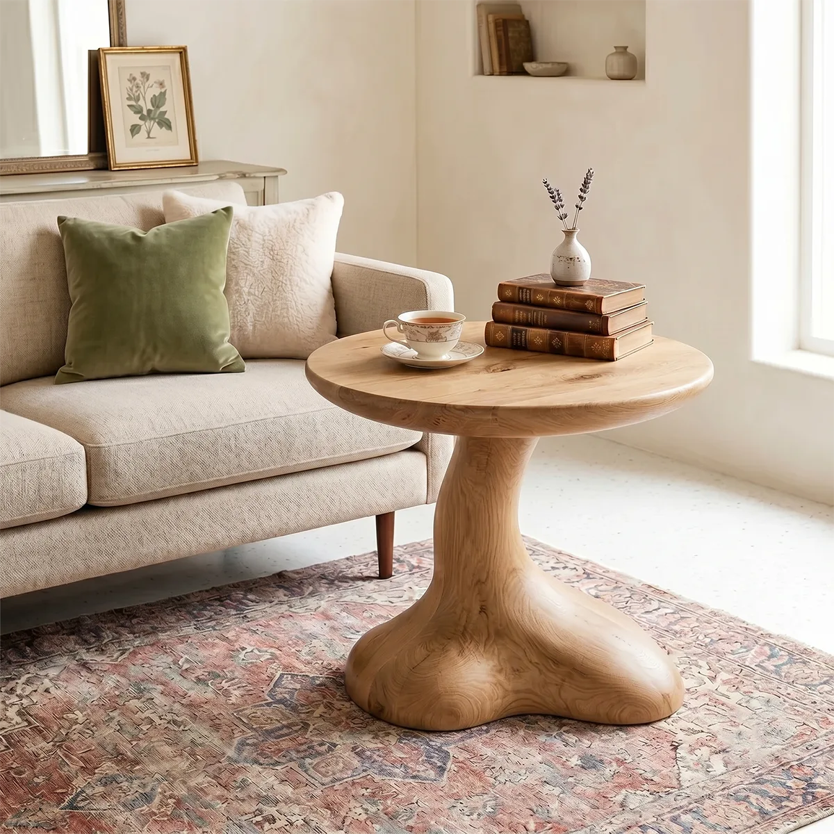 Sculptural Solid Wood Side Table, Round Pedestal End Table TH003-1065