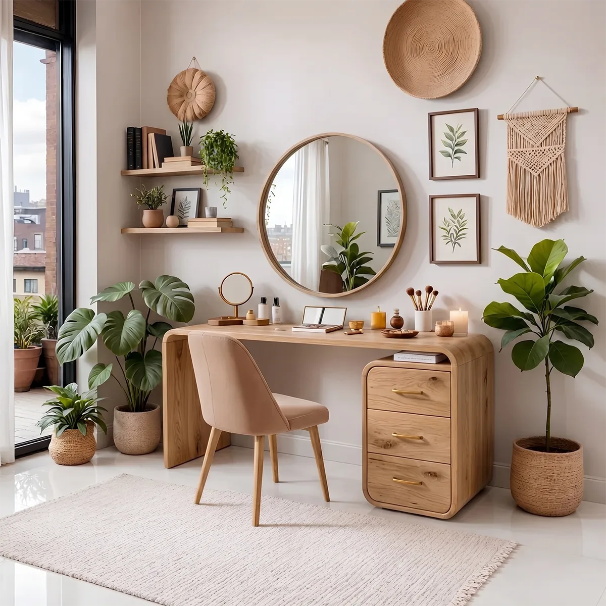 Curved Solid Wood Vanity Desk with Drawer Storage