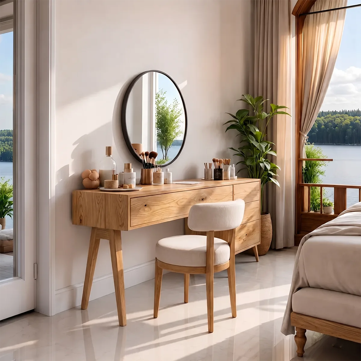 Modern Solid Wood Vanity Table with Side Drawers