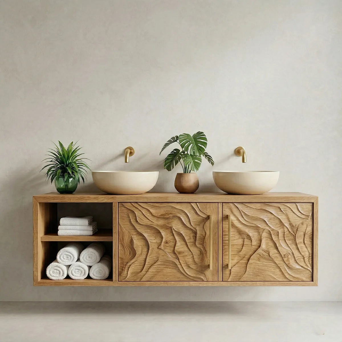 Handcrafted Solid Wood Floating Bathroom Vanity Cabinet with Carved Doors and Open Shelf