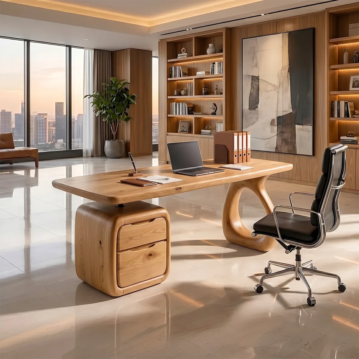 Solid Wood Executive Desk | Sculptural Rustic Office Desk with Drawers TH003-9935