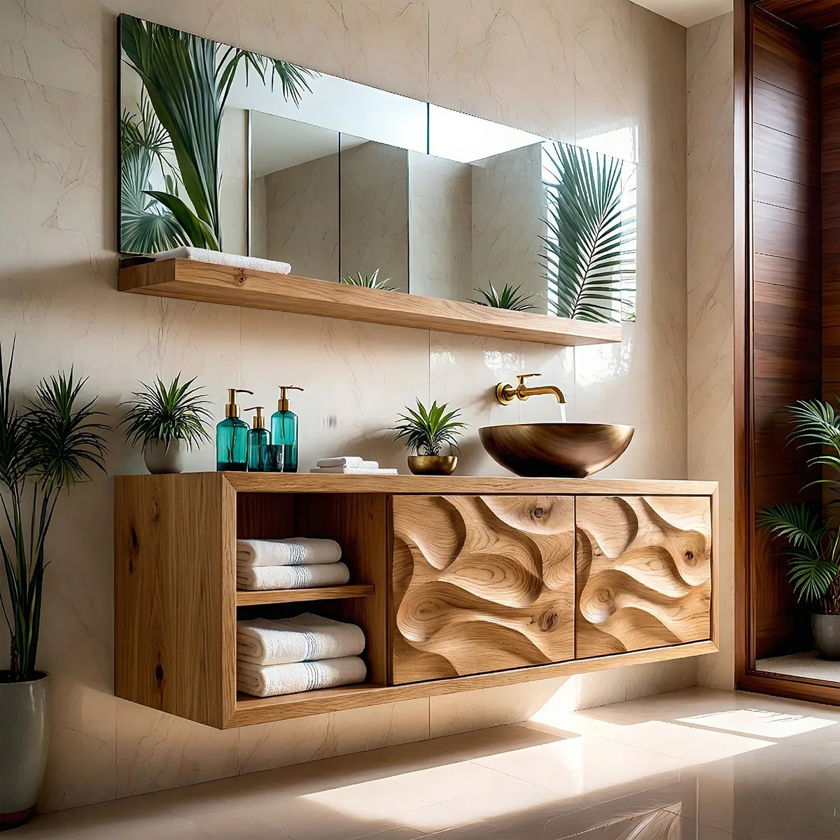 Handcrafted Natural Solid Wood Floating Vanity Cabinet with Carved Doors and Open Shelf