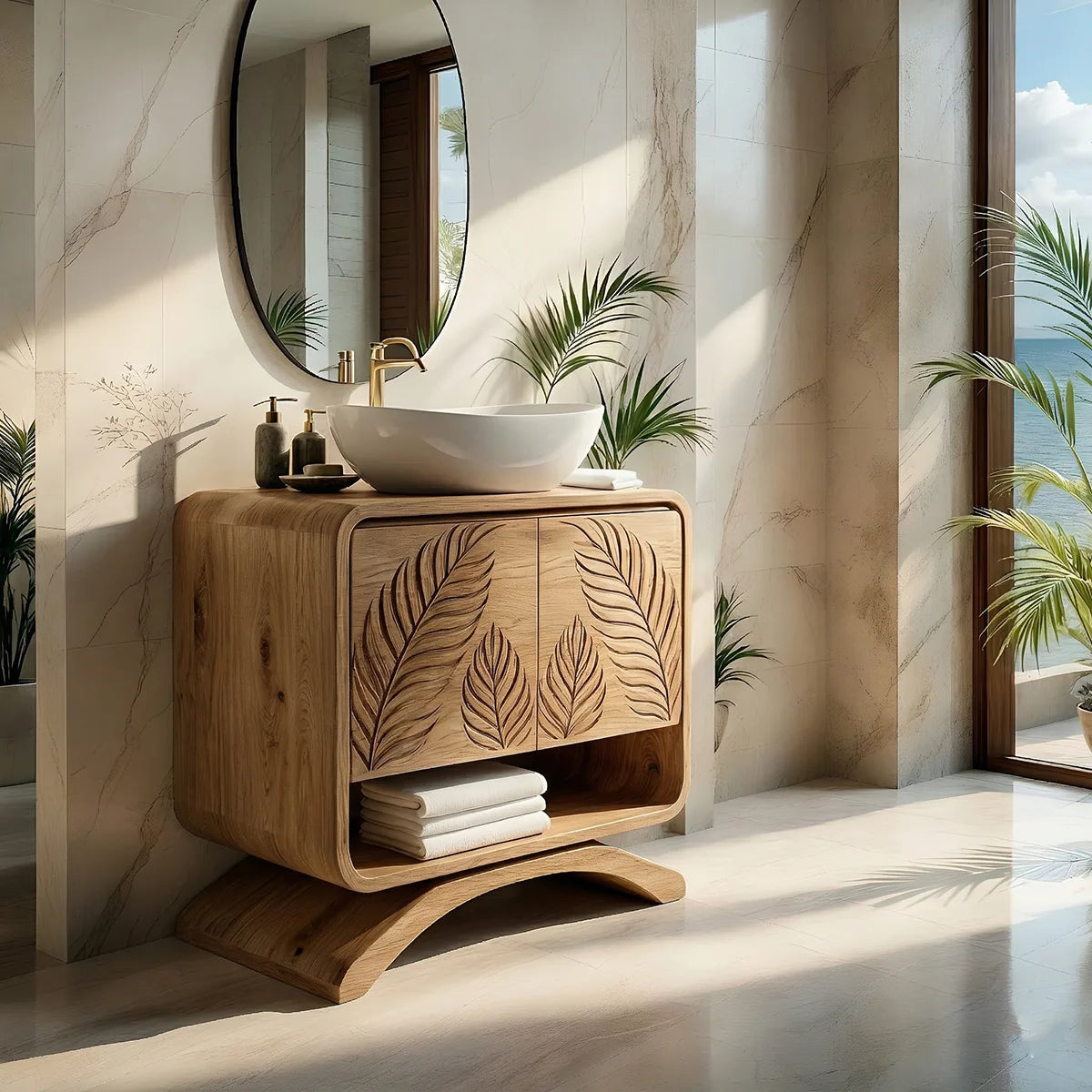 Handcrafted Solid Wood Vanity Cabinet with Carved Doors