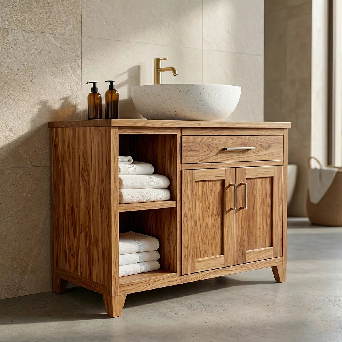 Traditional Bathroom Vanity Cabinet with Storage in Natural Solid Wood