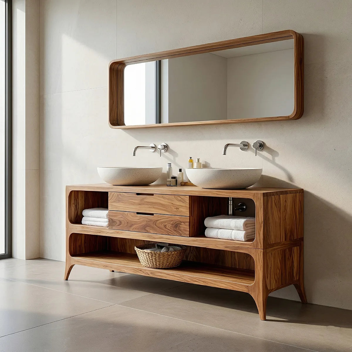 Handcrafted Natural Solid Wood Vanity Cabinet with Drawers and Open Shelves