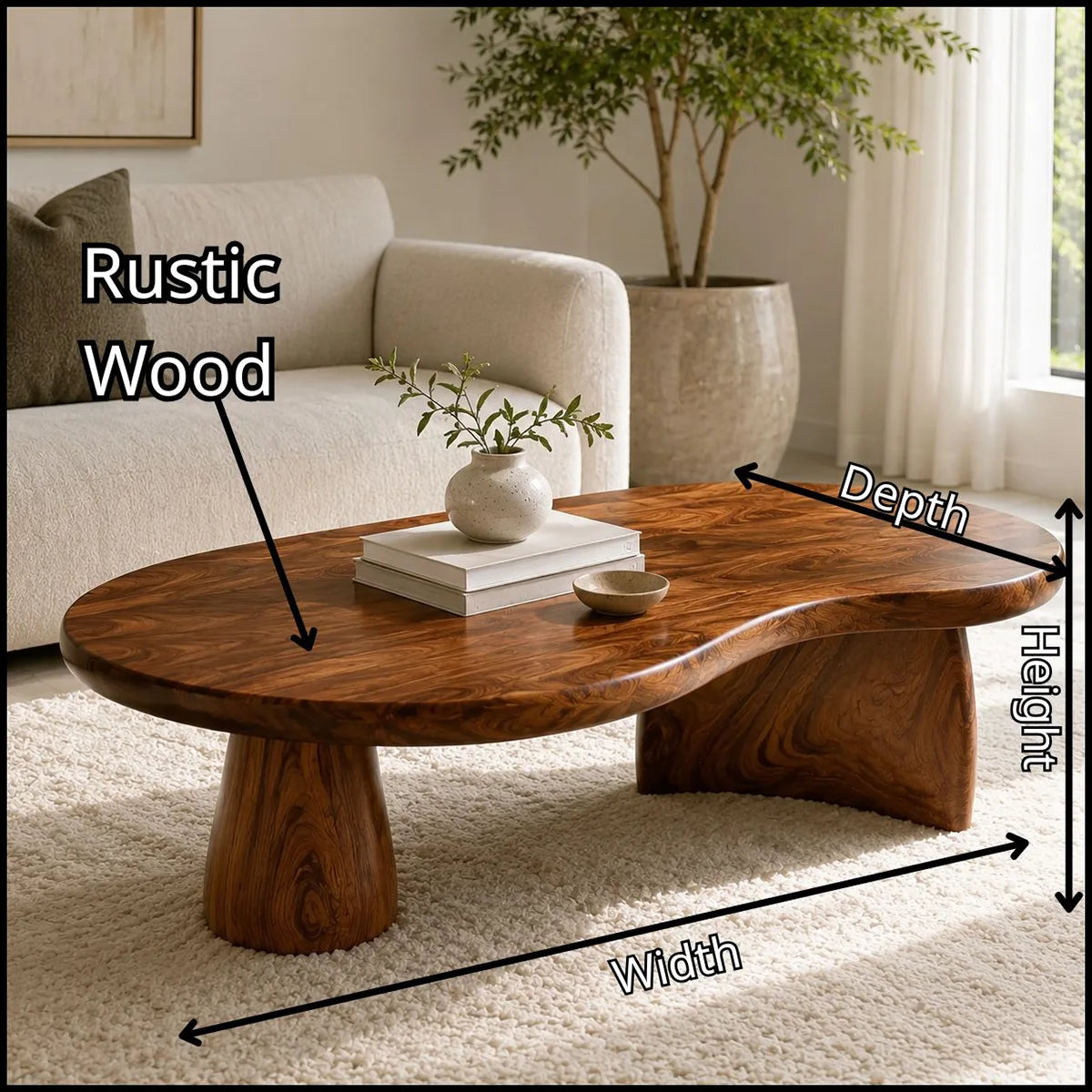 Organic Solid Wood Coffee Table | Freeform Hardwood Coffee Table with Sculptural Pedestal Base TT006-7466