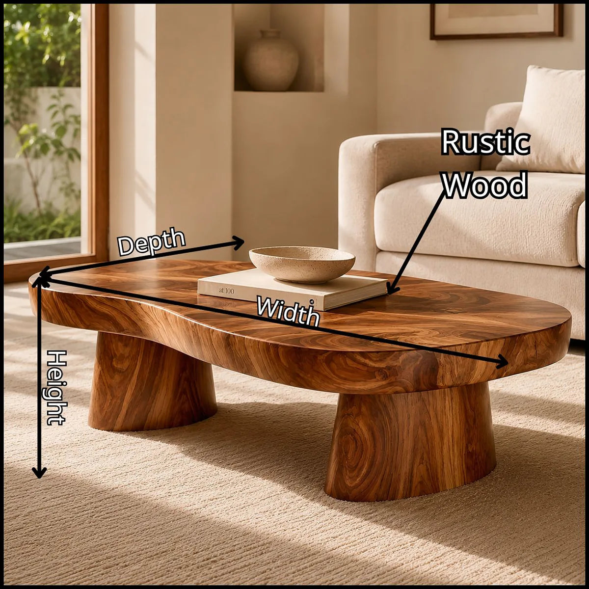Organic Solid Wood Coffee Table | Sculptural Hardwood Cocktail Table with Dual Pedestal Base TT006-4930