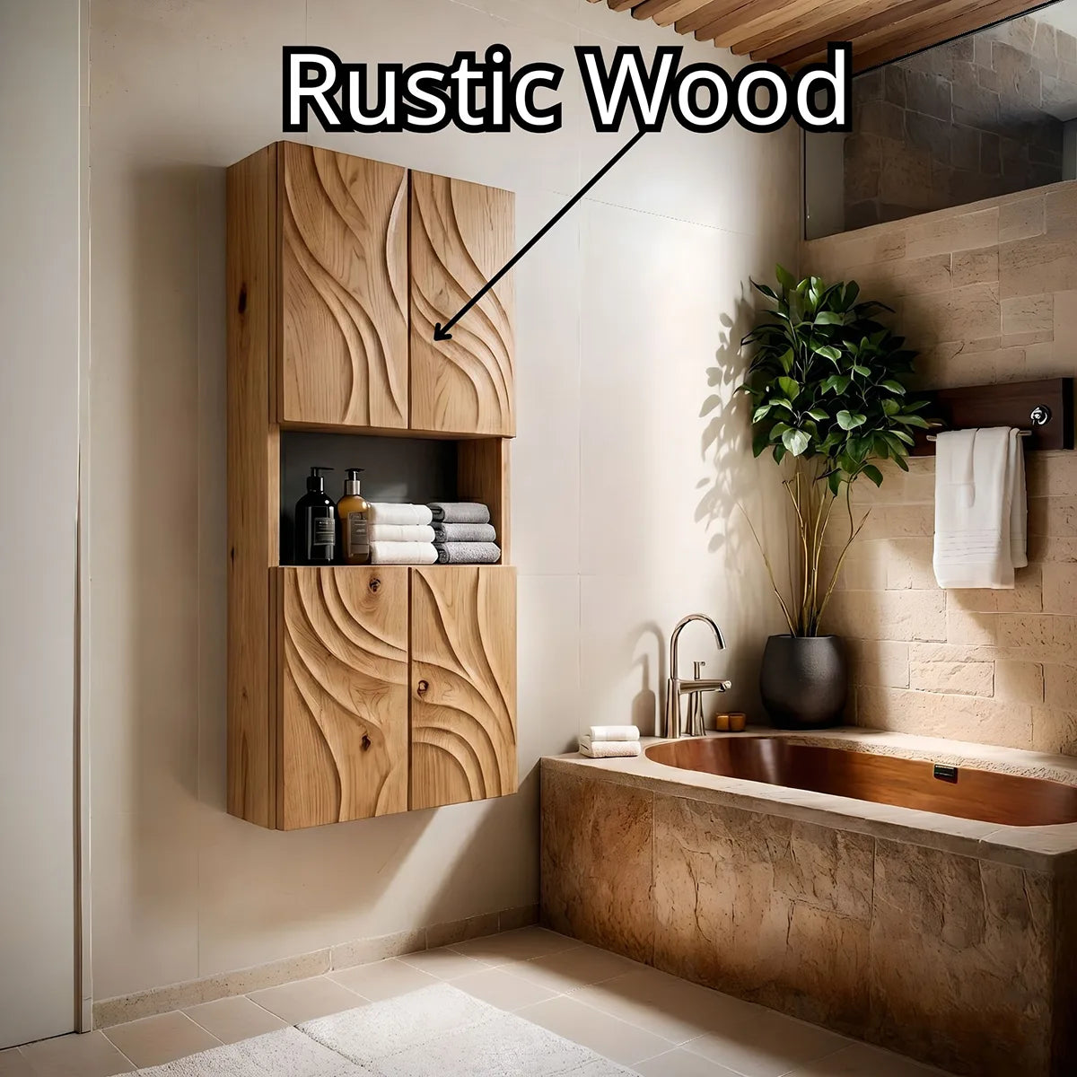 Handcrafted Solid Wood Bathroom Wall Storage Cabinet Sculpted Door Panel