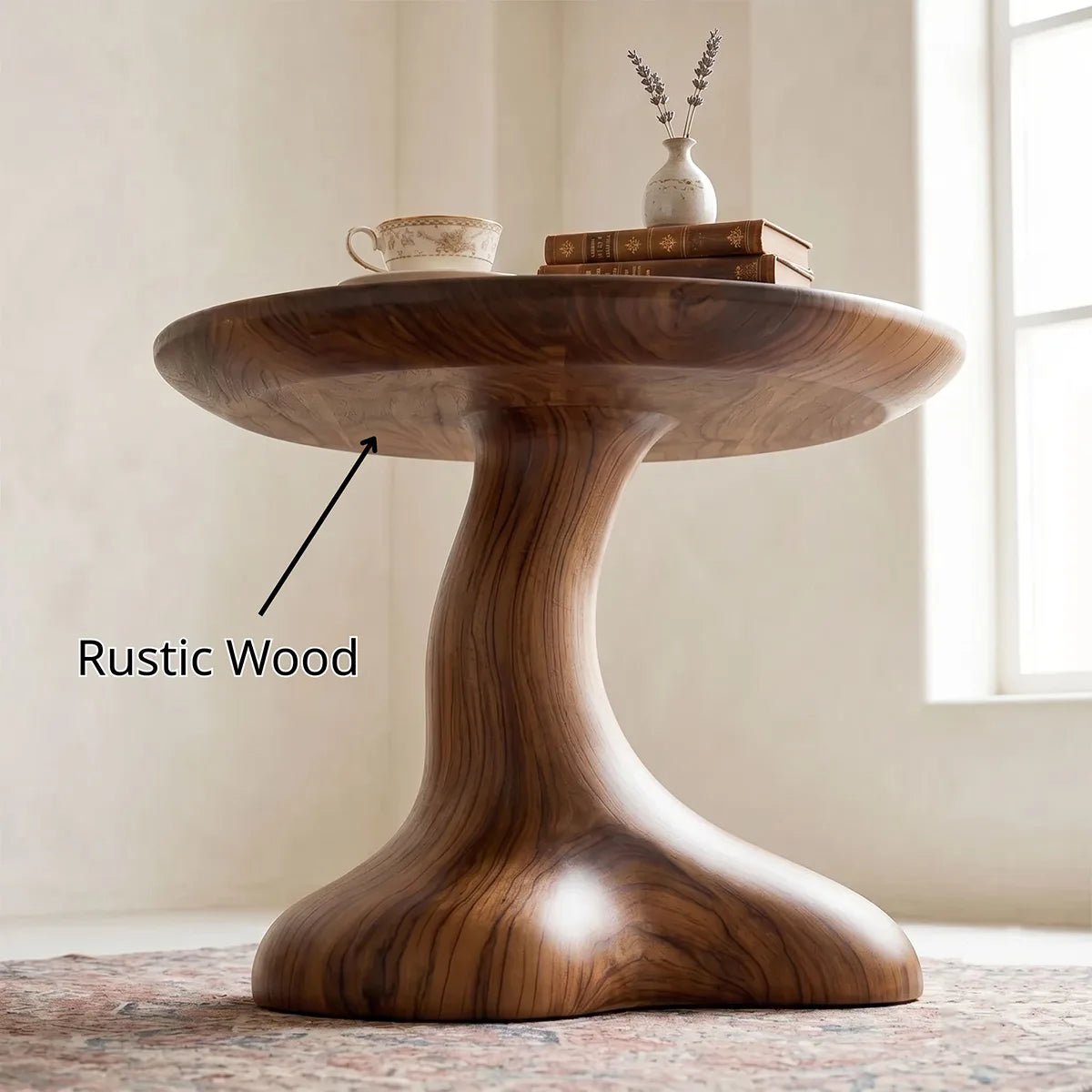 Sculptural Solid Wood Side Table, Round Pedestal End Table TH003-1065
