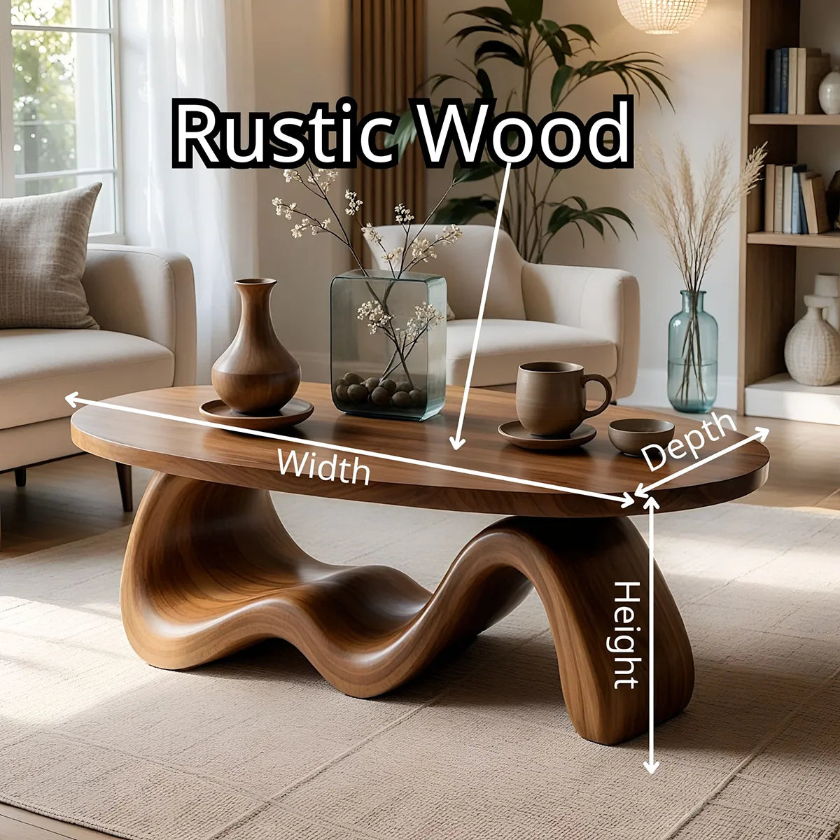 Handcrafted Solid Wood Oval Coffee Table with Sculptural Wave Base TT006-2220