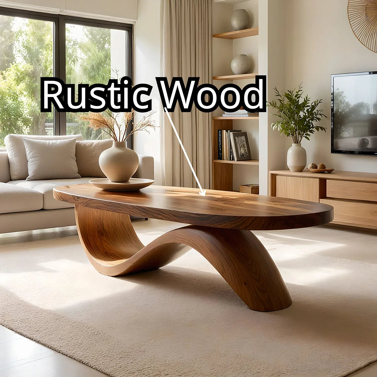 Modern Solid Wood Coffee Table with Artistic Wave Design