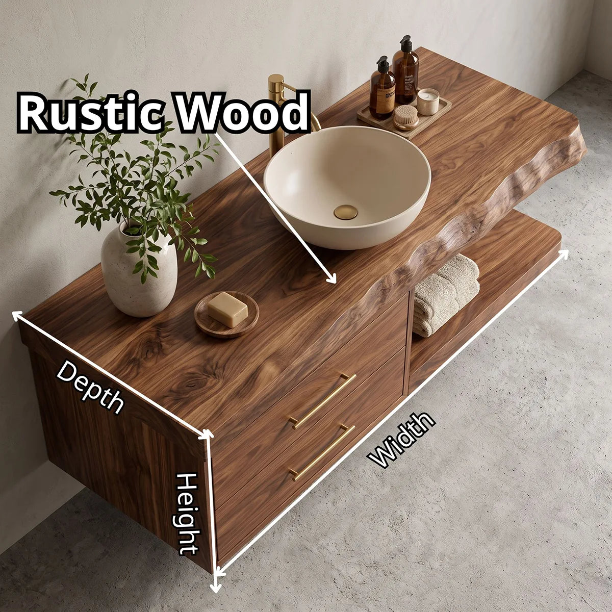 Floating Bathroom Vanity with 2 Drawers & Open Shelf | Organic Edge Modern Vanity TT006-9GFF3VU