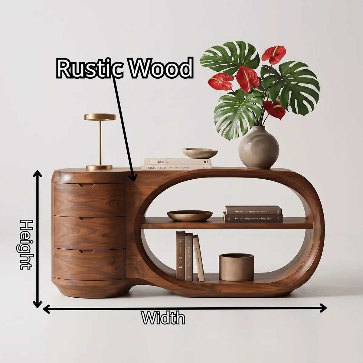 Modern Organic Storage Console Table with 3 Drawers & Open Shelves | Solid Wood Entryway Console TT006-7304