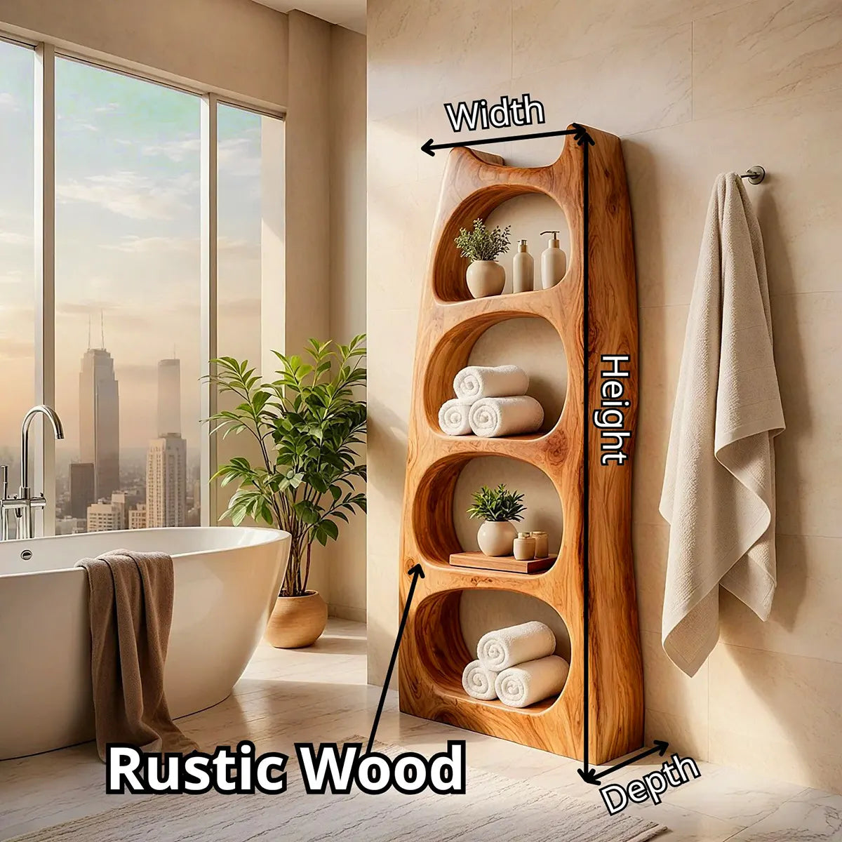 Tall Bathroom Storage Cabinet with Open Shelves | Sculptural Organic Modern Storage Tower TT006-3KAU7XR