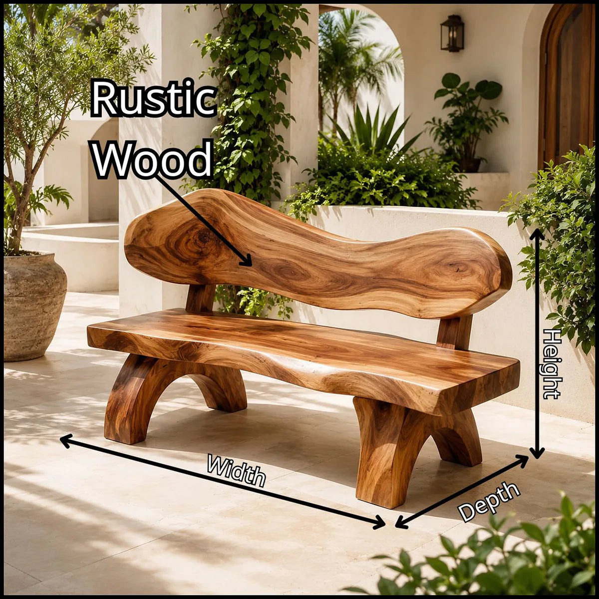 Live Edge Solid Wood Bench | Handcrafted Rustic Wooden Bench with Sculpted Backrest TT006-3085