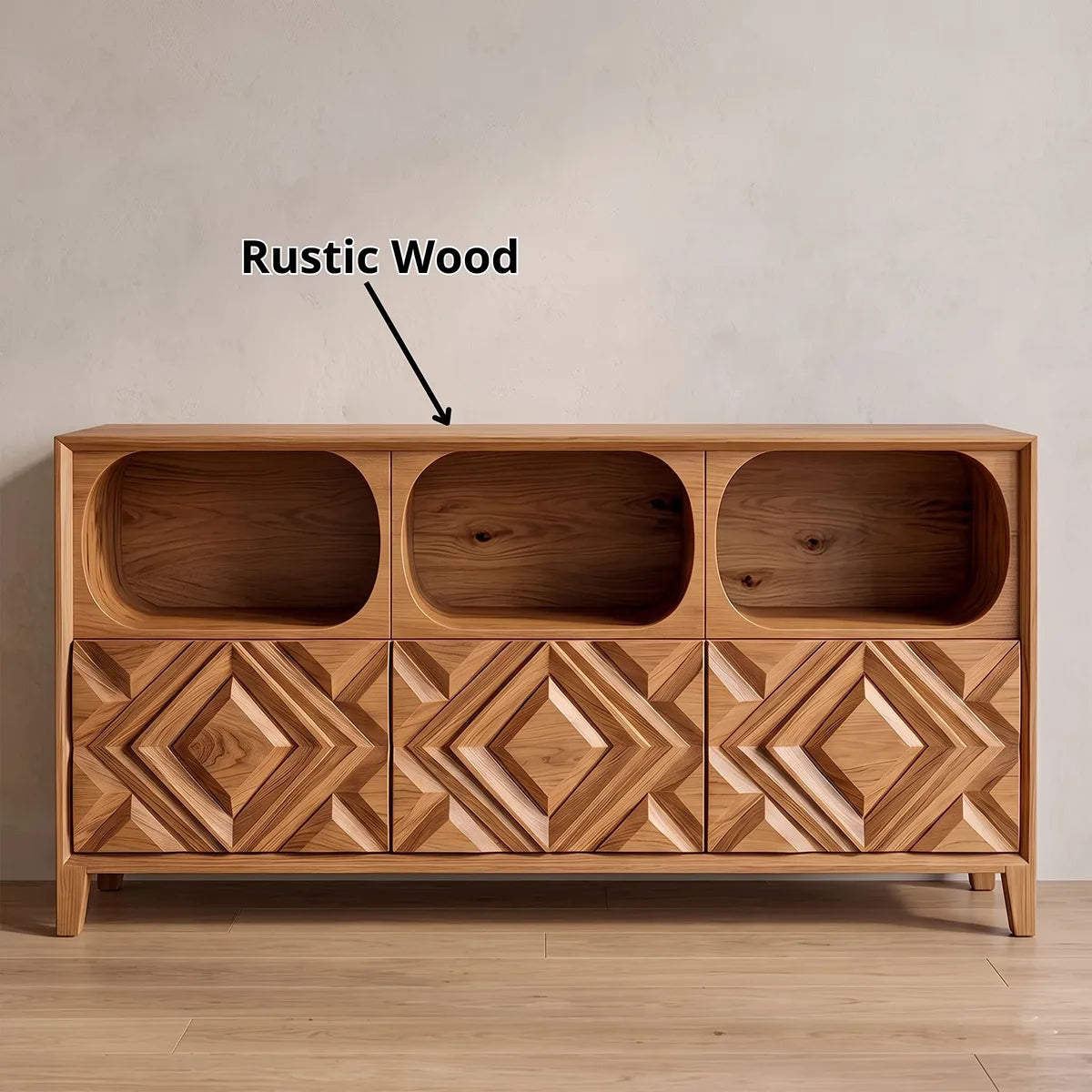 Modern Sideboard Cabinet | Geometric Carved Buffet Cabinet with Open Shelves & Storage TH003-2841
