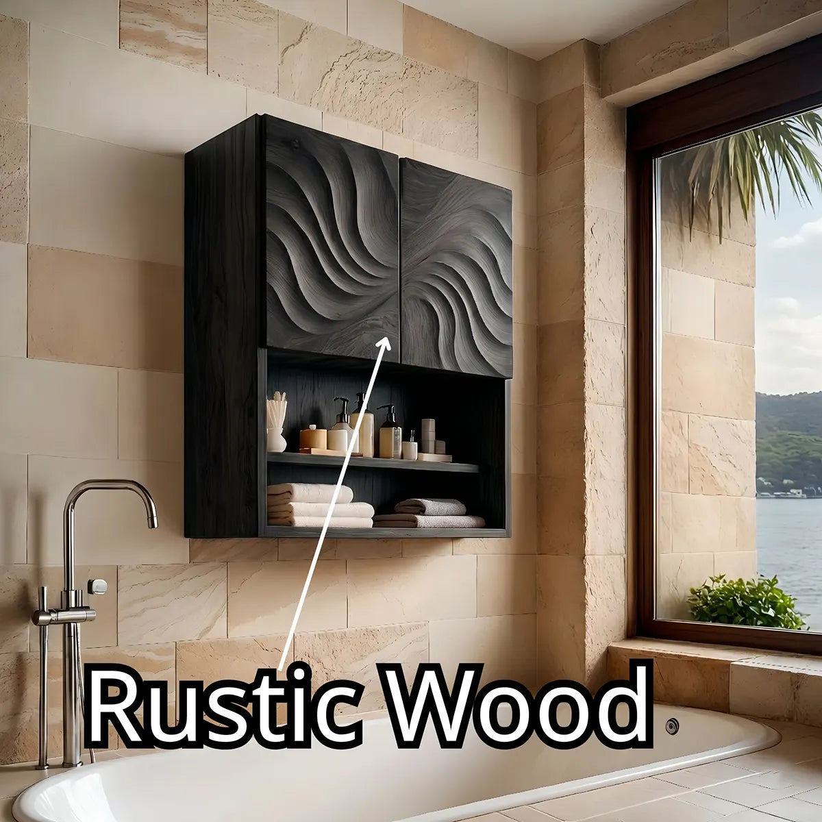 Handcrafted Solid Wood Bathroom Wall Storage Cabinet with Sculpted Door