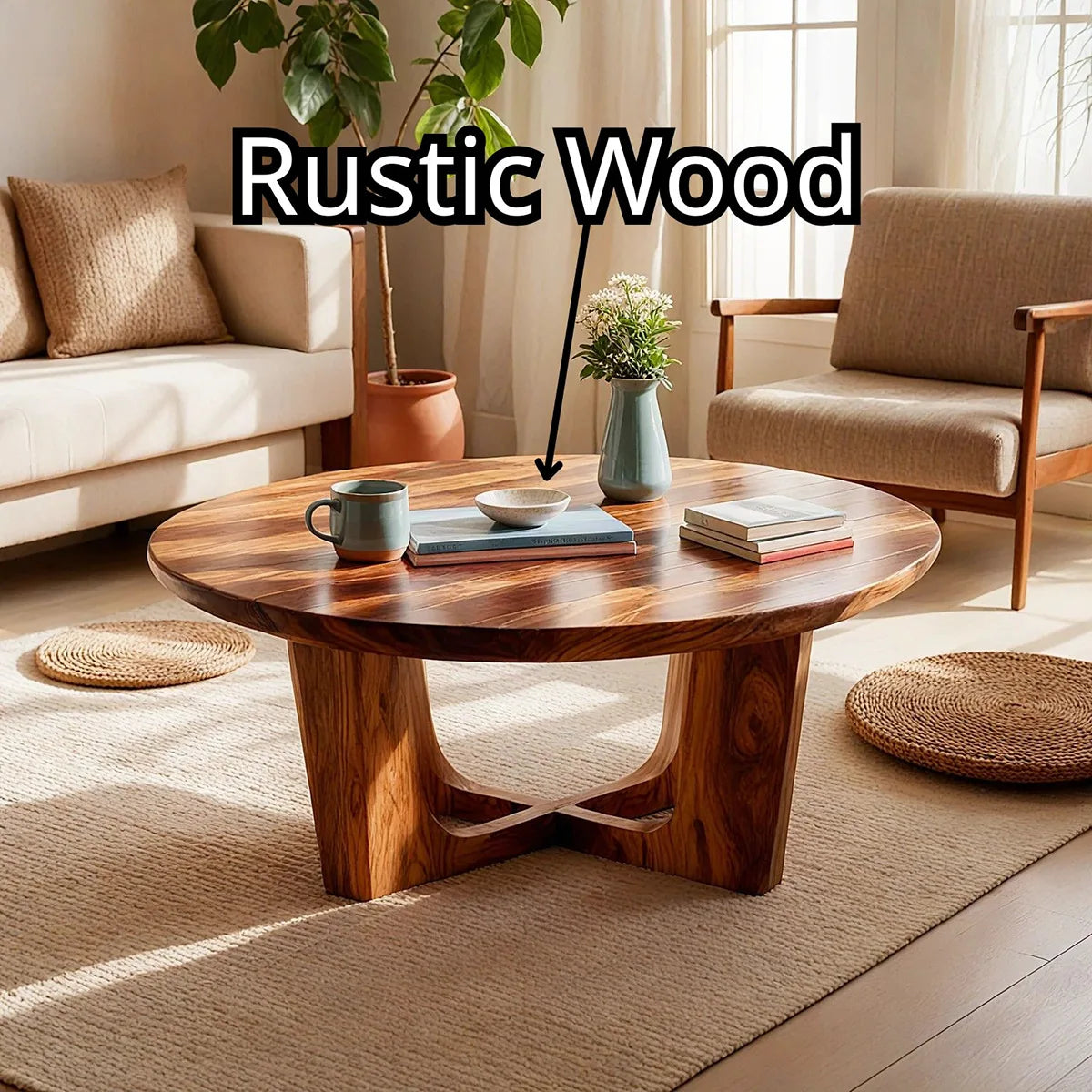 Round Solid Wood Coffee Table – Handcrafted Rustic Modern Living Room Table