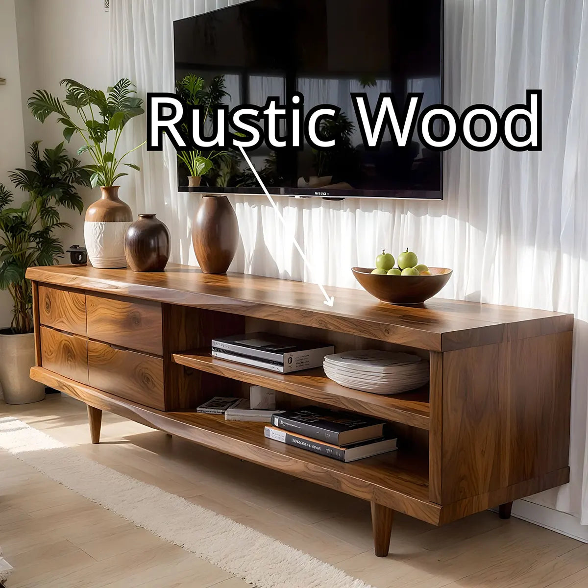 Mid Century Modern Solid Wood TV Stand with Live Edge Top