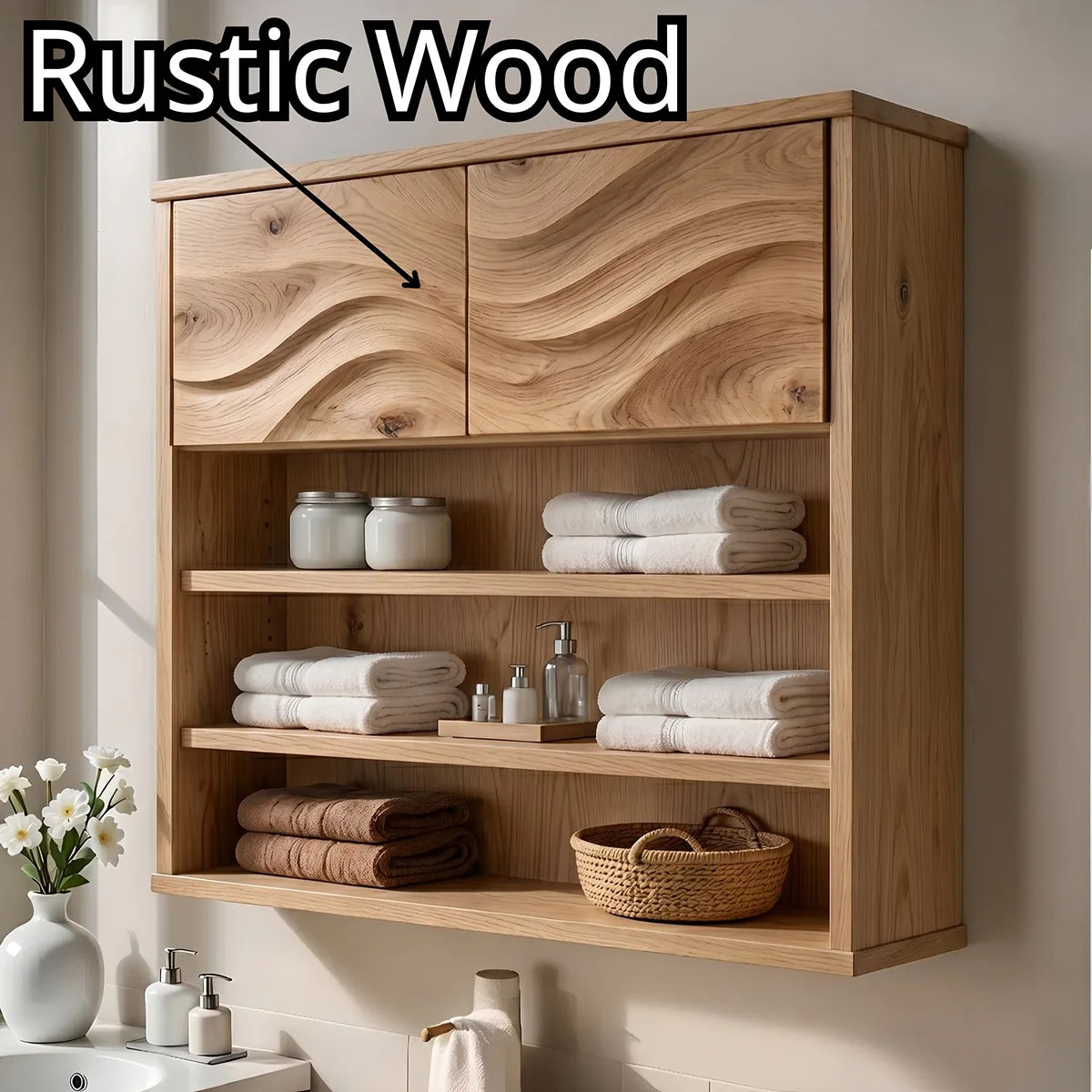 Solid Wood Wall Storage Cabinet Handcrafted Wave Panel Bathroom Cabinet