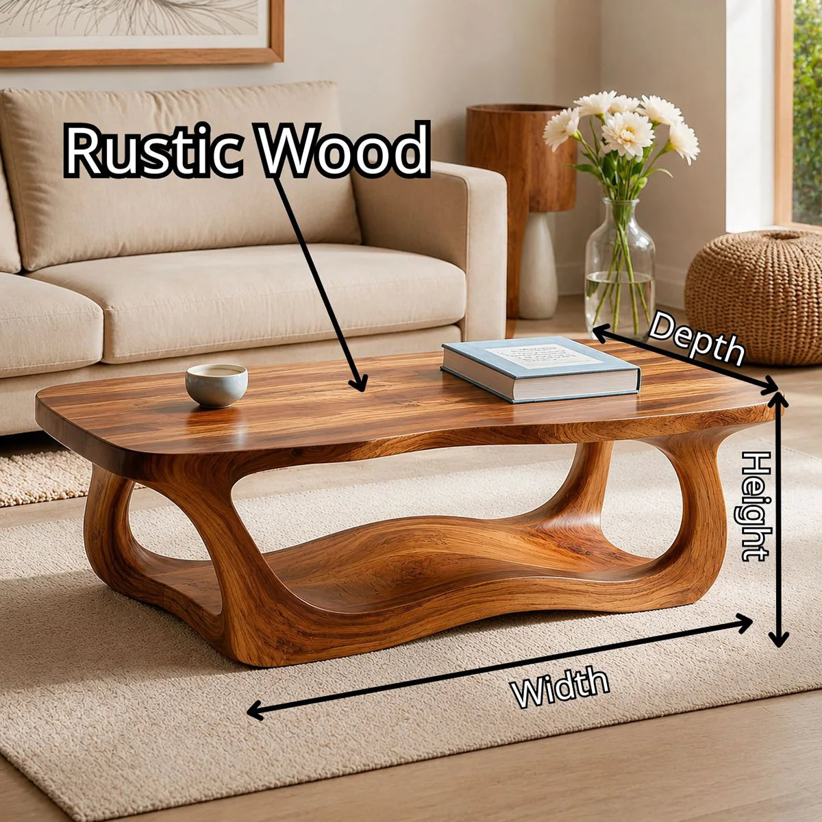 Handcrafted Solid Wood Coffee Table with Sculptural Wave Shelf TT006-8083