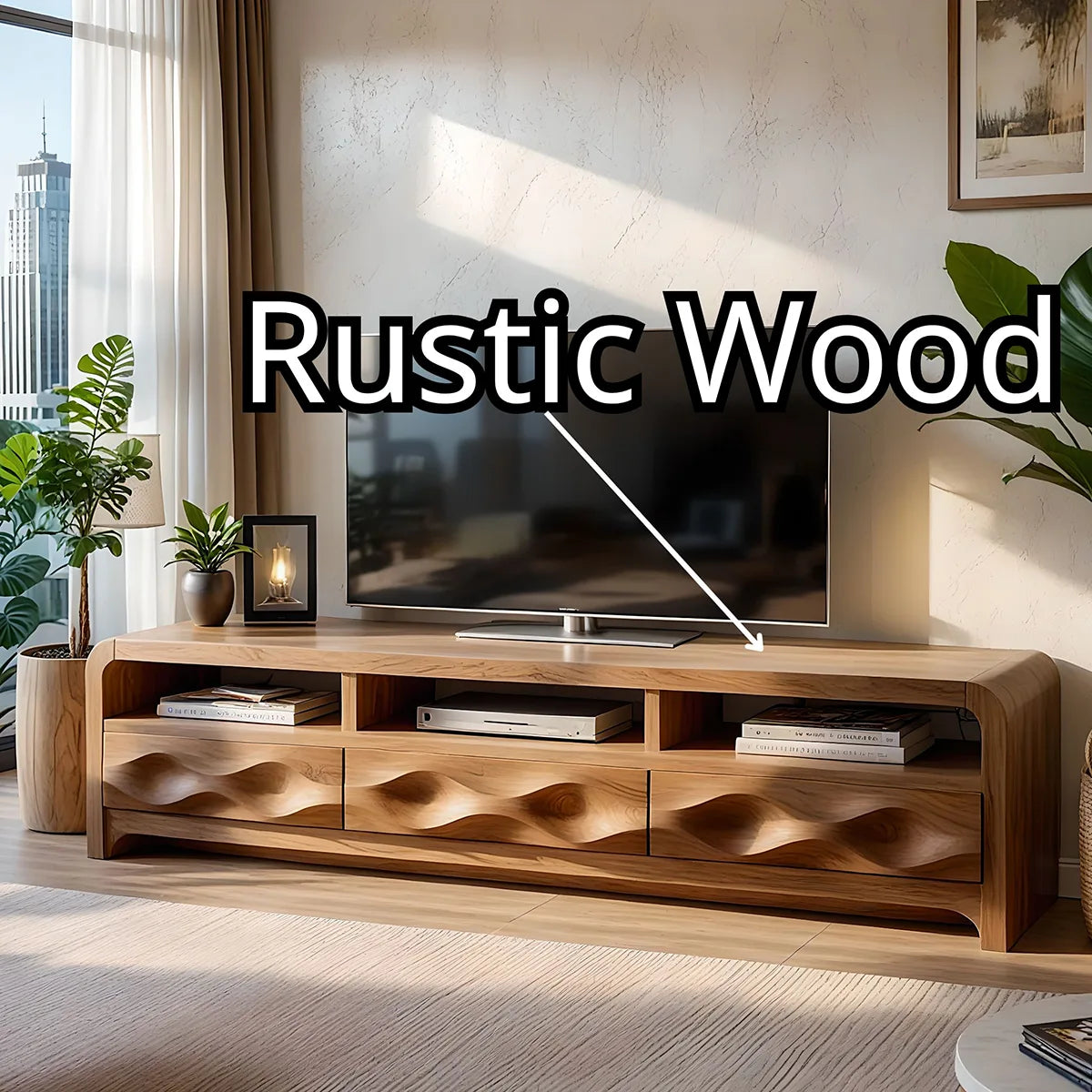 Modern Solid Wood Rounded TV Stand with Sculptural Wavy Drawers
