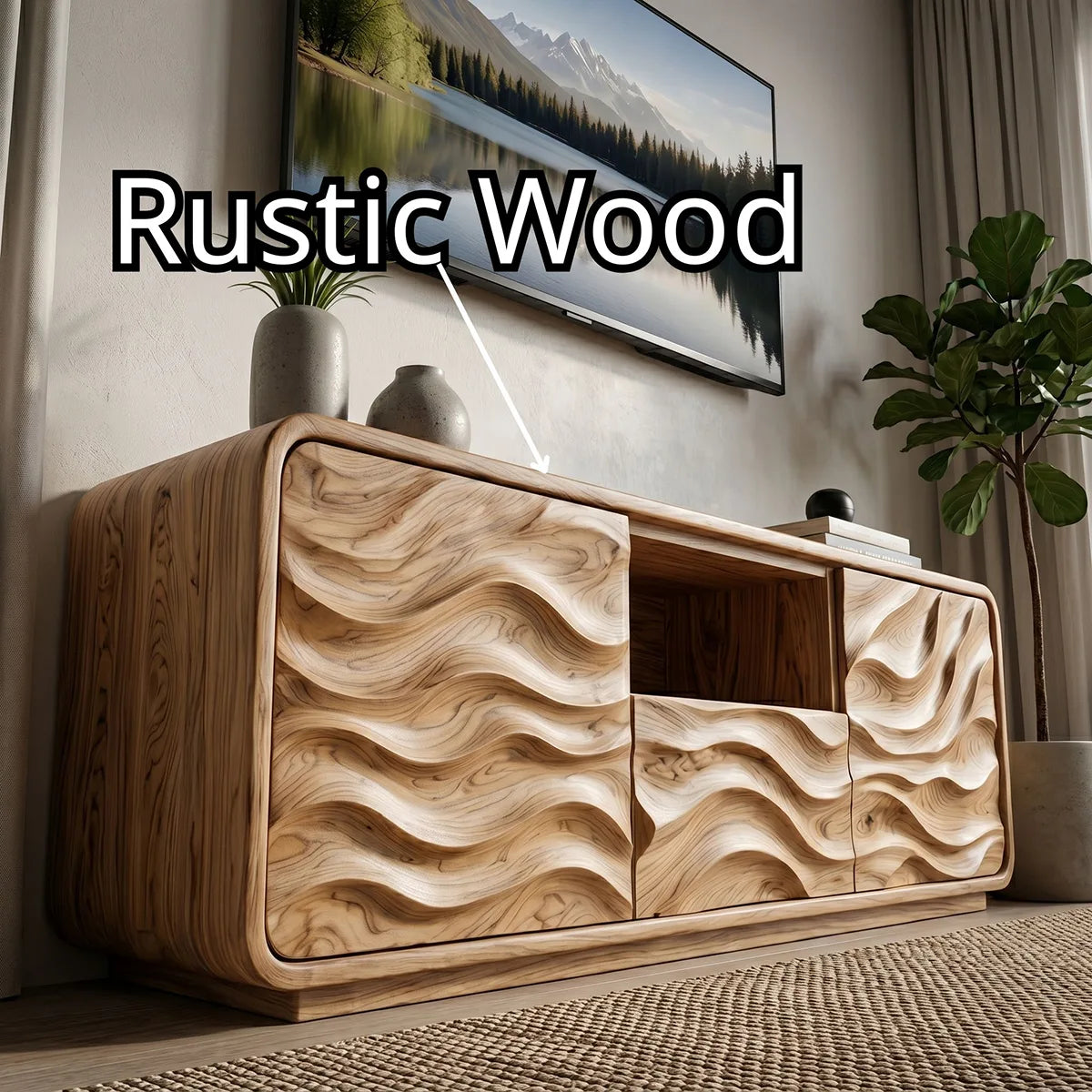 Modern Solid Wood Rounded TV Stand with Full Wavy Carved Facade