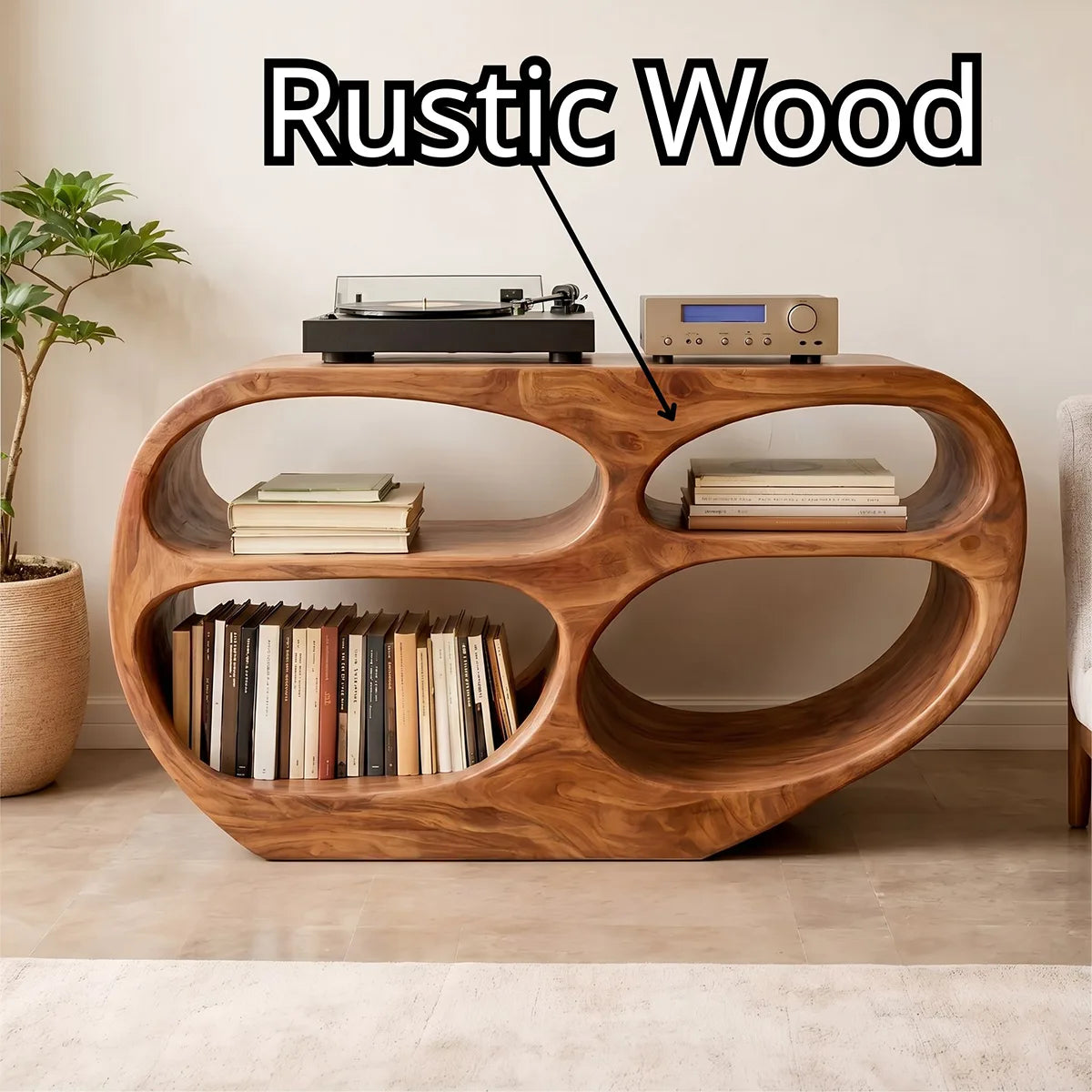 Solid Wood Record Player Stand, Modern Vinyl Storage Console with Open Shelves