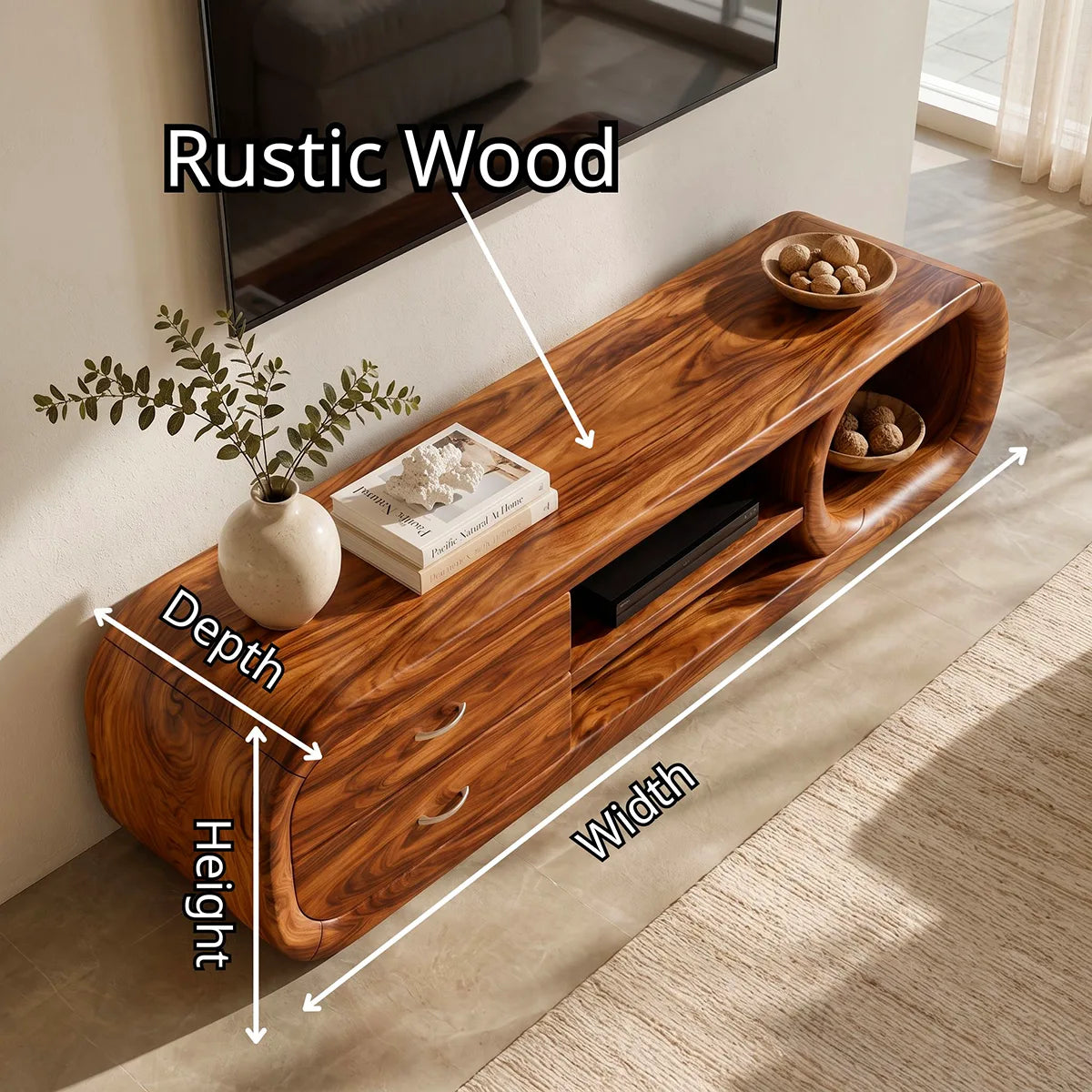 Modern Curved TV Stand with 2 Drawers & 3 Open Storage Areas TT006-8EDM7QK