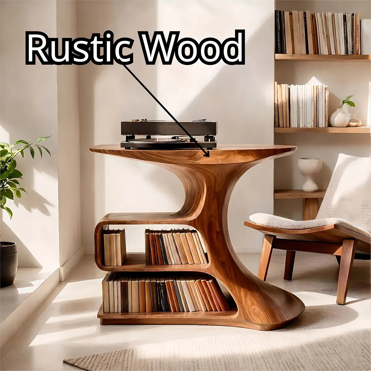 Solid Wood Record Player Stand, Modern Sculptural Vinyl Storage Console Table