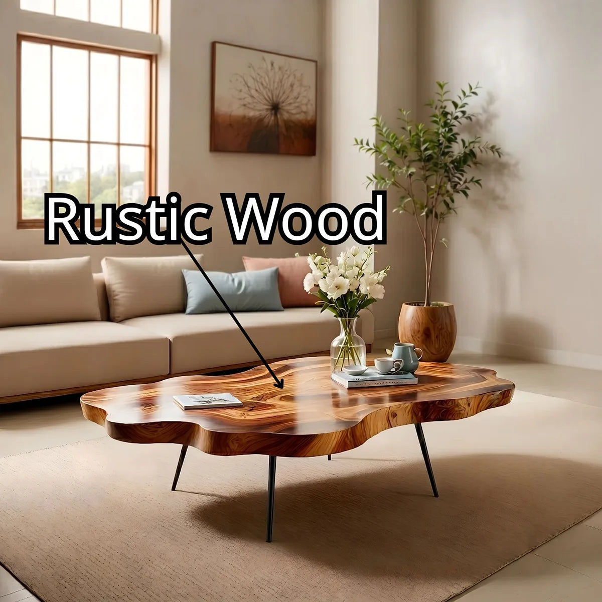 Organic Live Edge Solid Wood Coffee Table – Handcrafted Modern Rustic Table