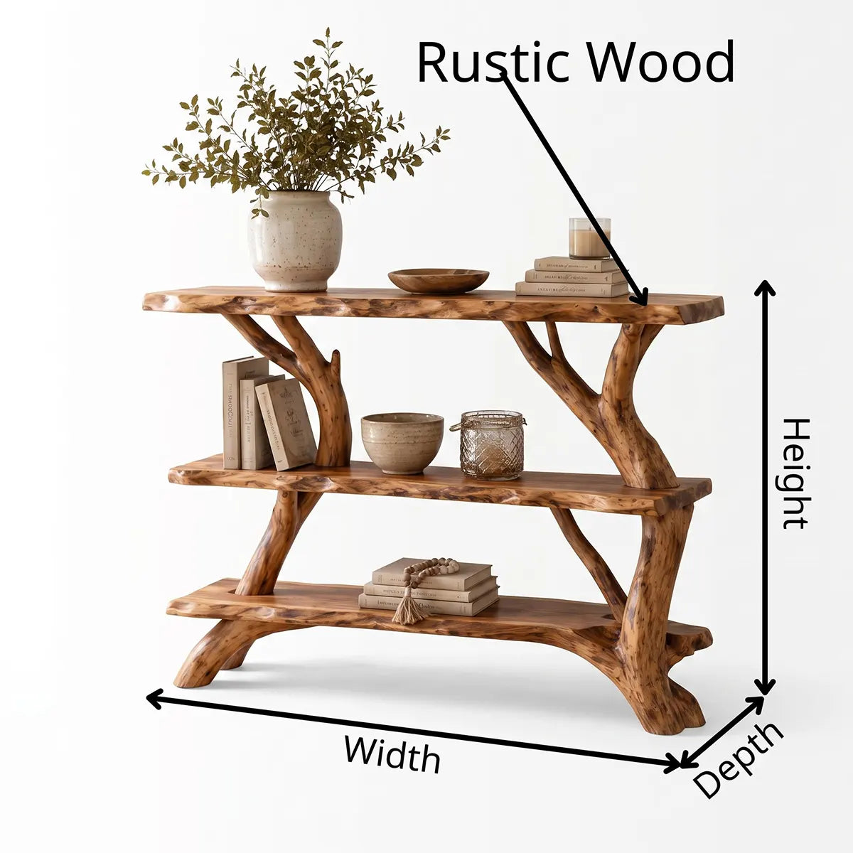 Rustic Live Edge Console Table with Storage Shelves | Solid Wood Entryway Display Console TT006-8325