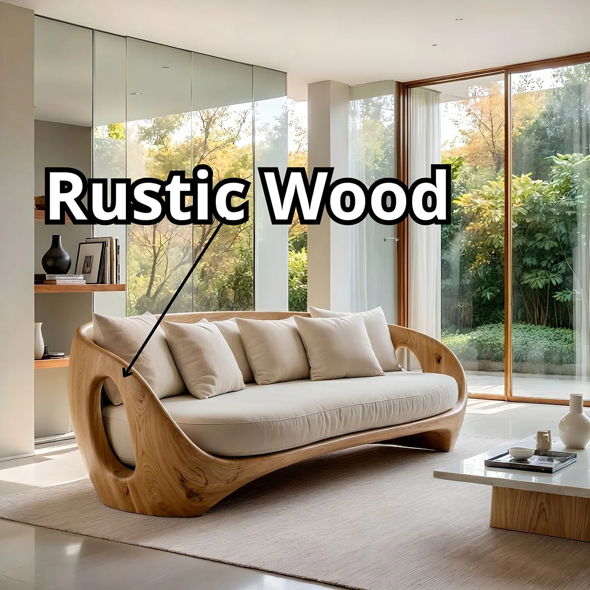 Luxury Organic Modern Sculptural Solid Wood Sofa with Curved Frame