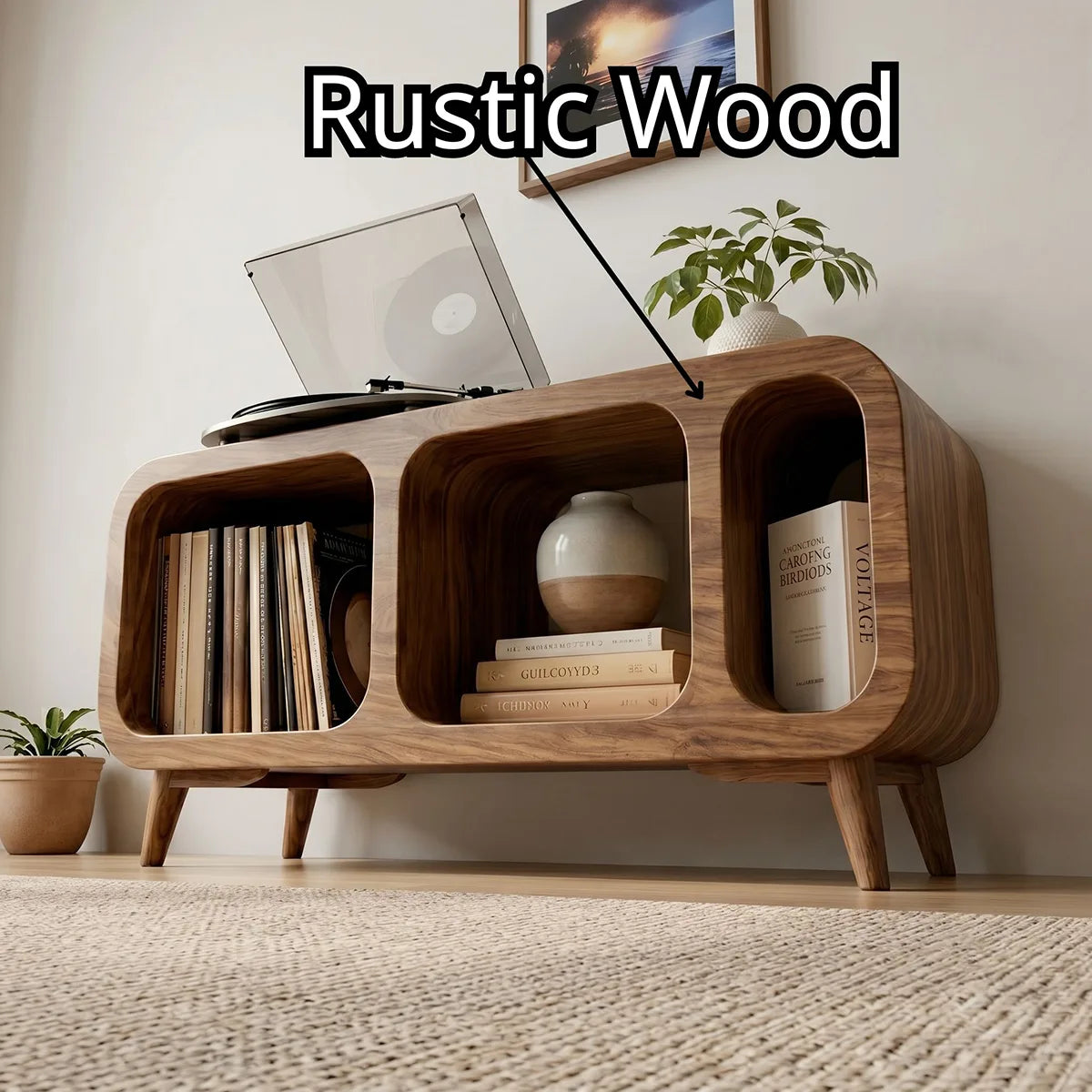 Mordern Solid Wood Record Player Console With Vinyl Storage