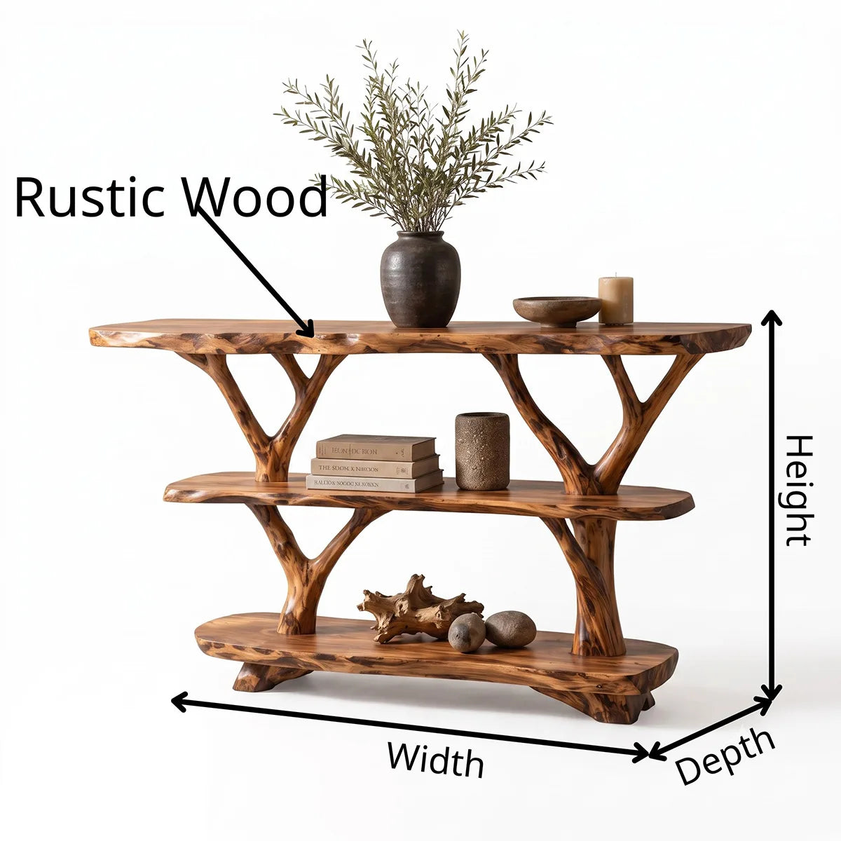 Rustic Live Edge Console Table with Tree Branch Supports | Solid Wood Entryway Display Shelf TT006-1430