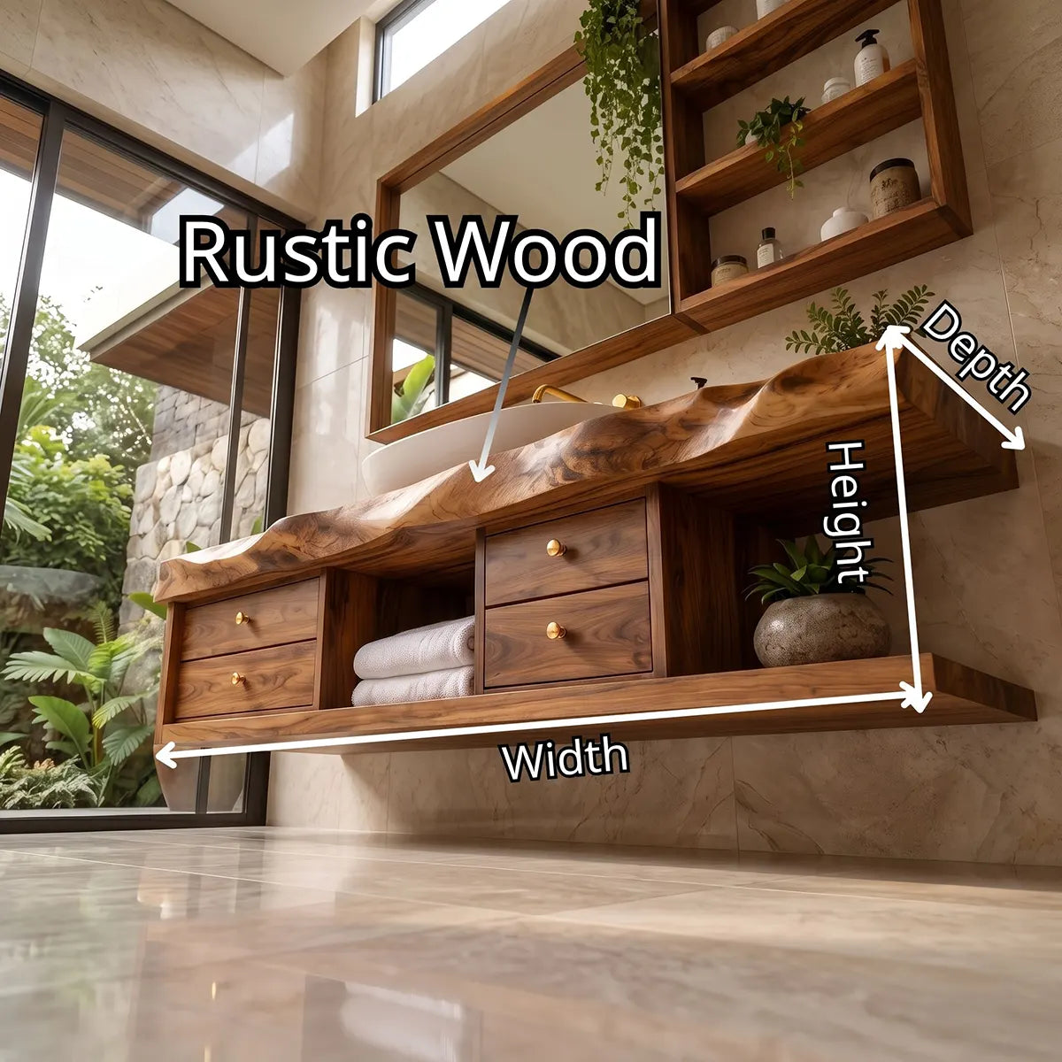 Live Edge Floating Bathroom Vanity | Wood Vanity with Drawers & Open Storage TT006-4VIS1BS