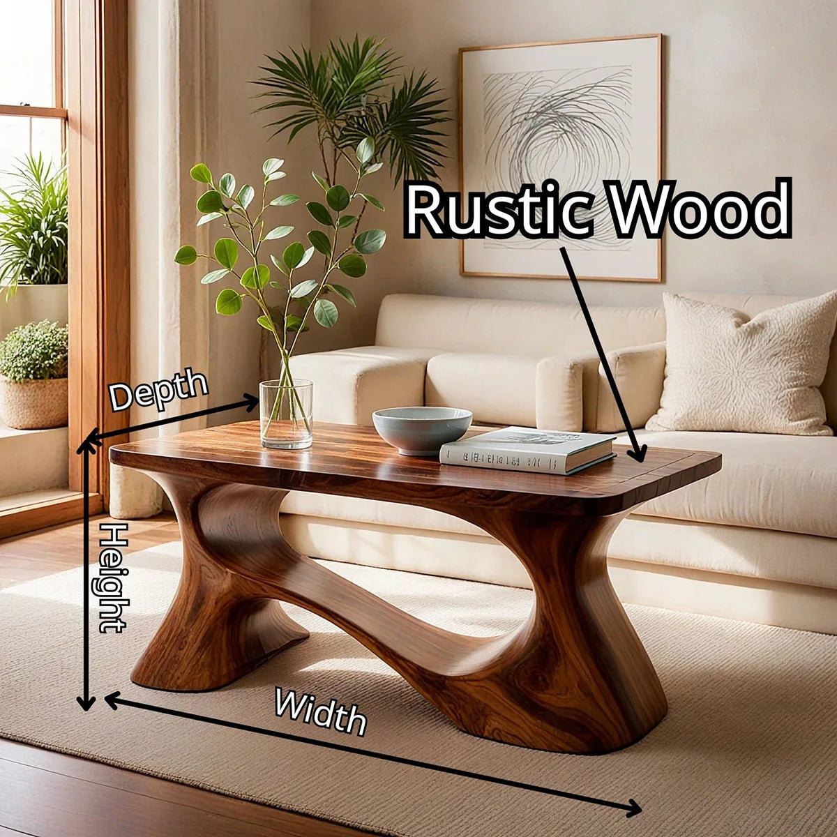 Handcrafted Solid Wood Coffee Table with Sculptural Curved Base TT006-4462