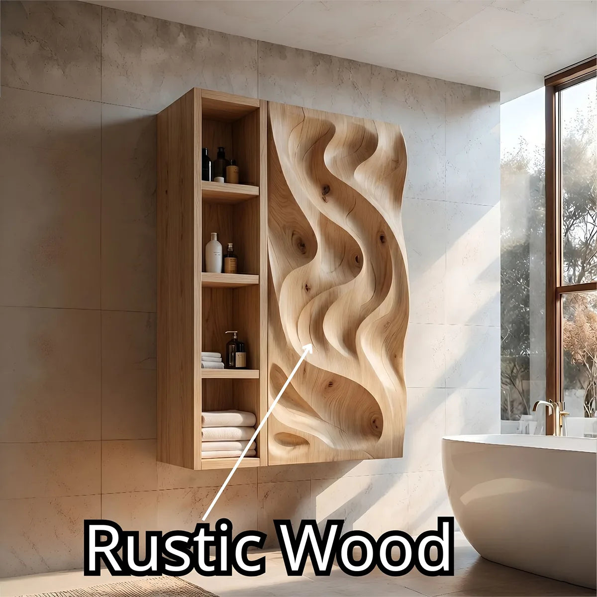 Solid Wood Wall Storage Cabinet Handcrafted Carved Wave Bathroom Cabinet