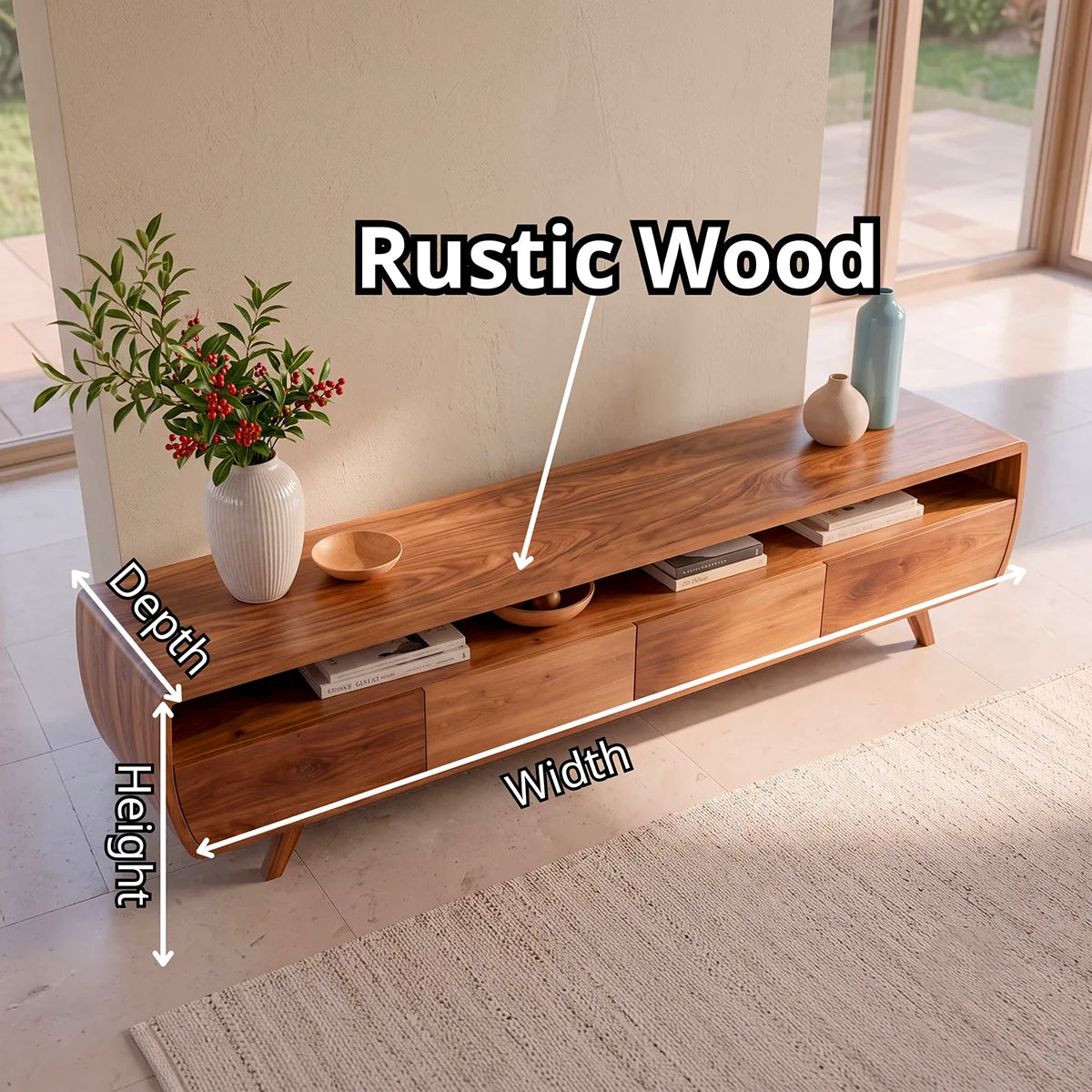 Modern Curved TV Stand with 4 Enclosed Storage Compartments & Open Media Shelf TT006-3ZIP1NK