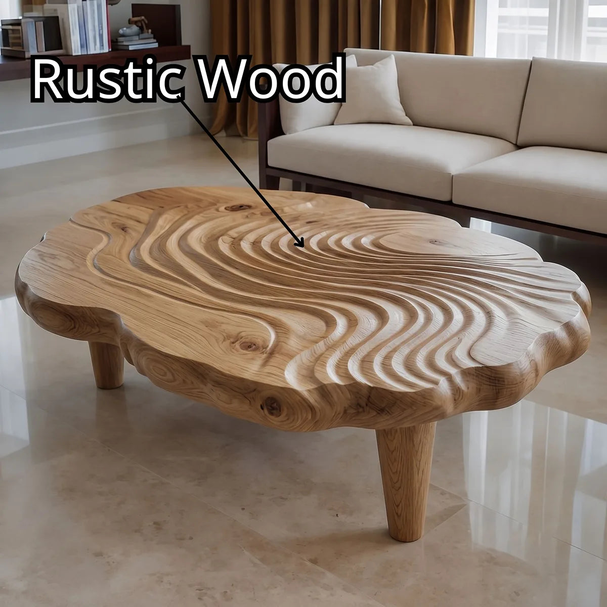 Handcrafted Solid Wood Coffee Table with Carved Ripple Top TT006-2452