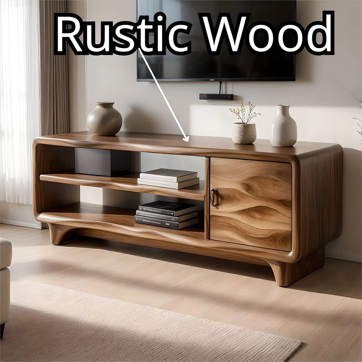 Modern Solid Wood Rounded TV Stand with Wavy Carved Cabinet