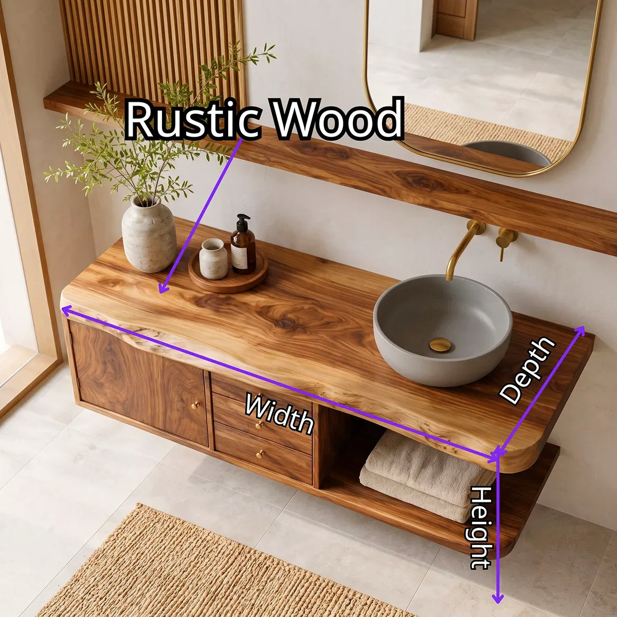 Floating Bathroom Vanity with 3 Drawers & Open Shelf | Modern Organic Design TT006-1XDO9BG