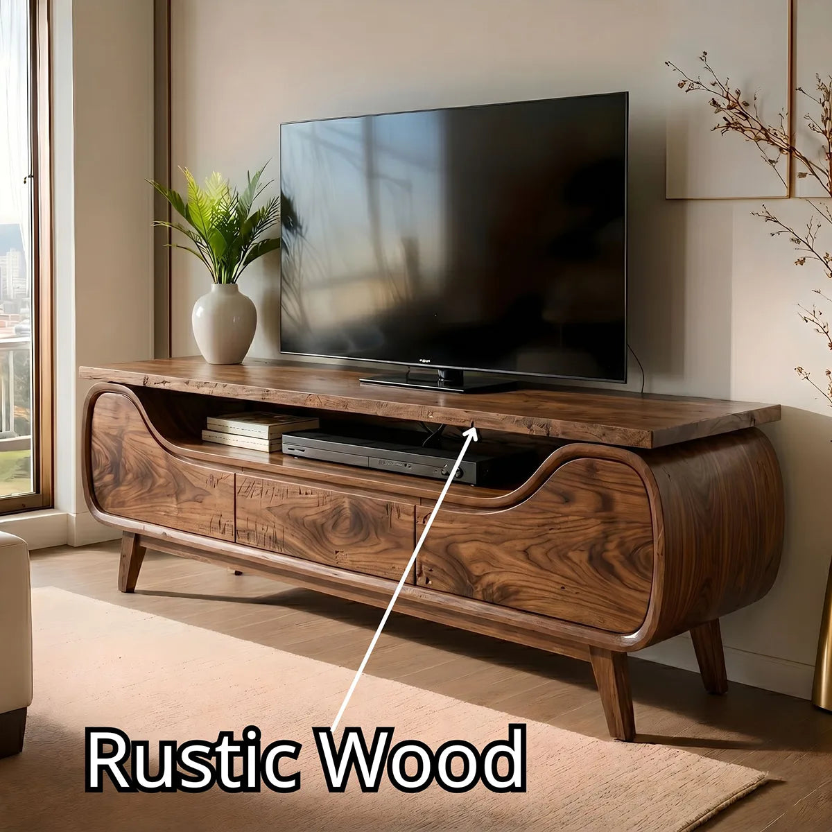 Mid Century Modern Solid Wood Sculptural TV Stand