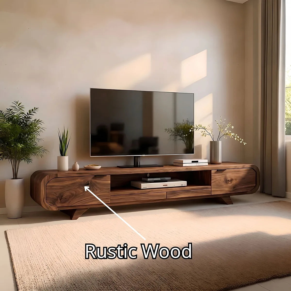 Mid Century Modern Solid Wood Rounded TV Stand with Cabinets